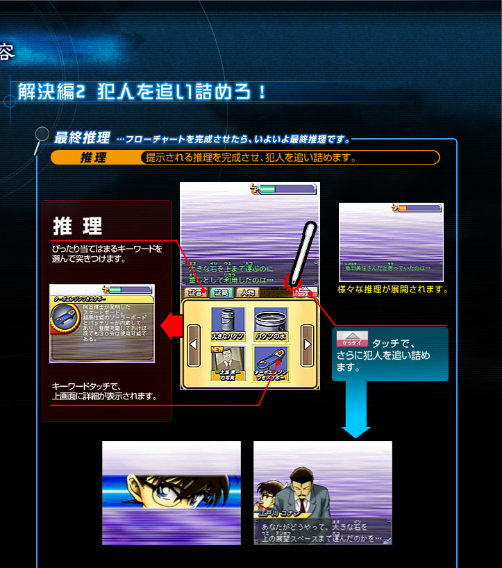 解決編2 犯人を追い詰めろ！
最終推理 …フローチャートを完成させたら、いよいよ最終推理です。
推理 …提示される推理を完成させ、犯人を追い詰めます。